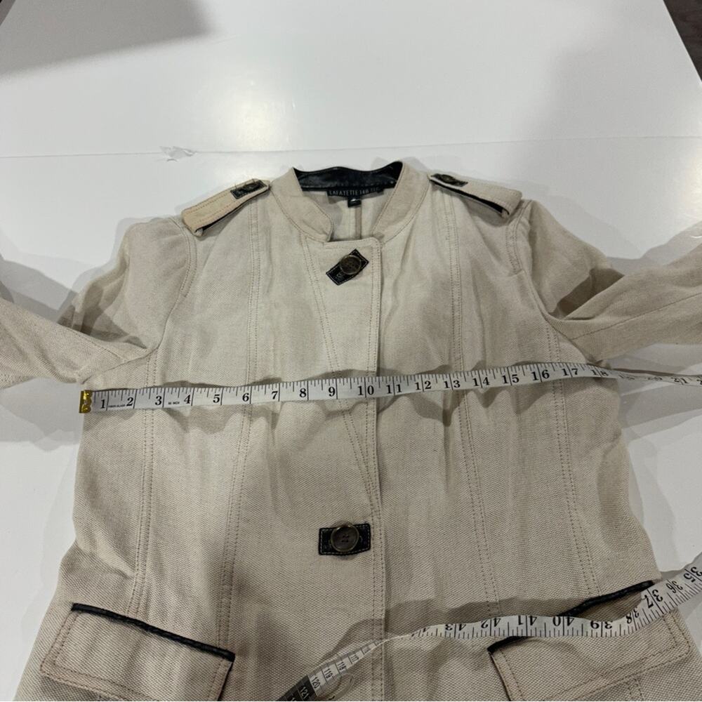 Lafayette 148 Linen Blend Cream Faux Leather‎ Trim Long Sleeve Blazer Jacket 10 - Picture 9 of 10
